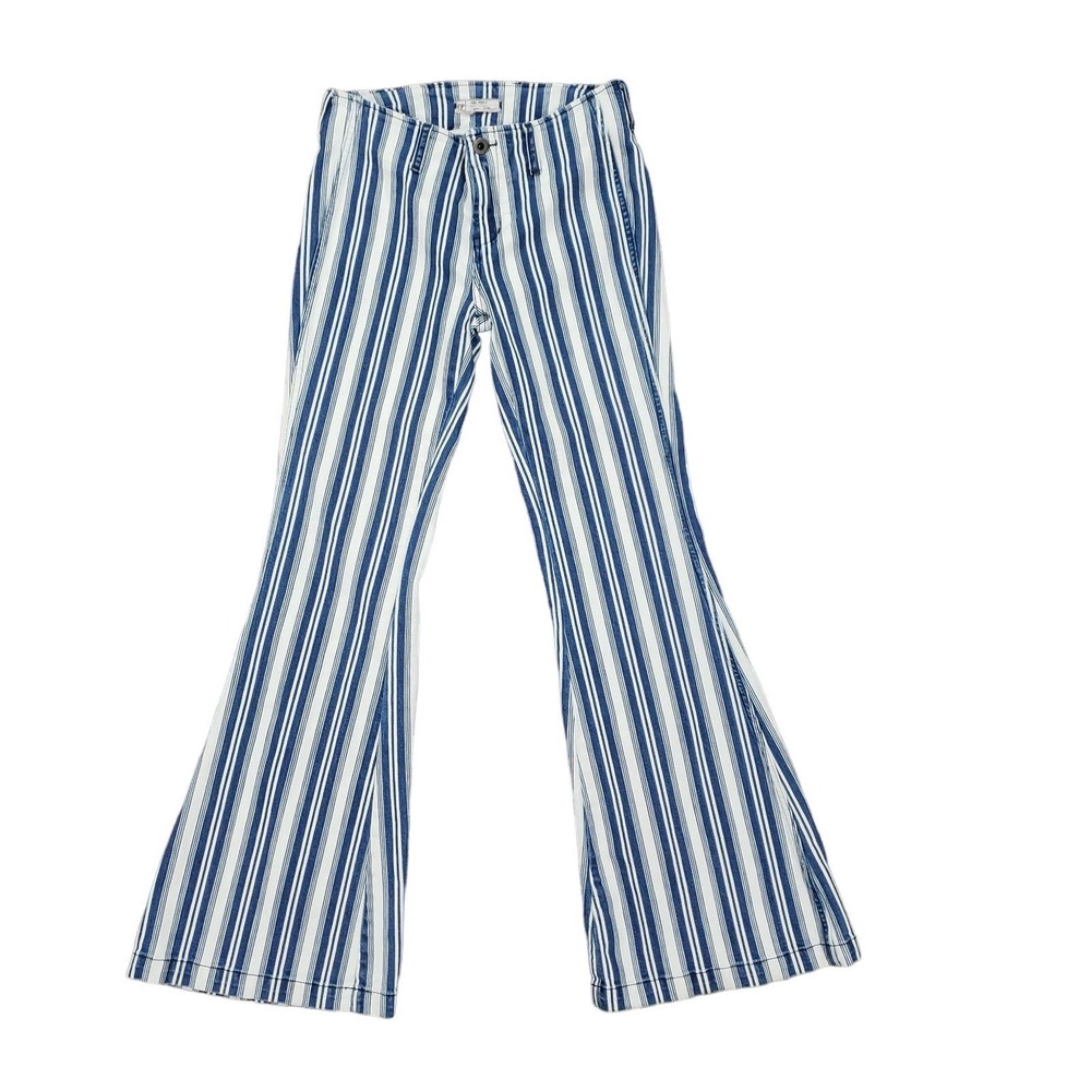 Free People Retro Blue Striped Flare Bell Bottom Denim Jeans Size 28 Pants